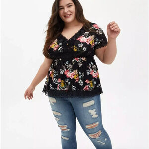 Torrid Super Soft Knit Peplum Top Black Floral Lace Women's Size 2x